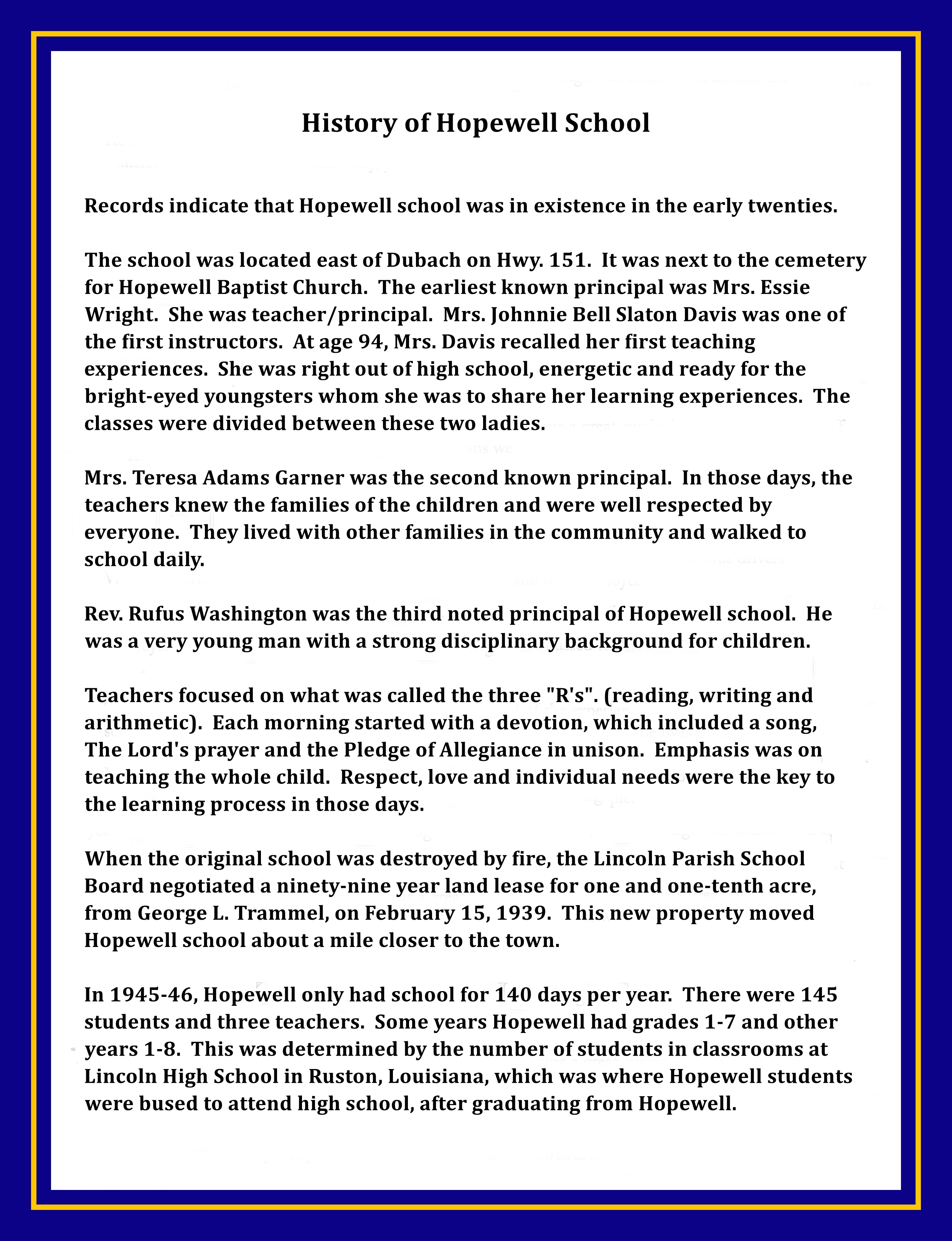 Hopewell High School, Dubach, LA African American High Schools in Louisiana Before 1970